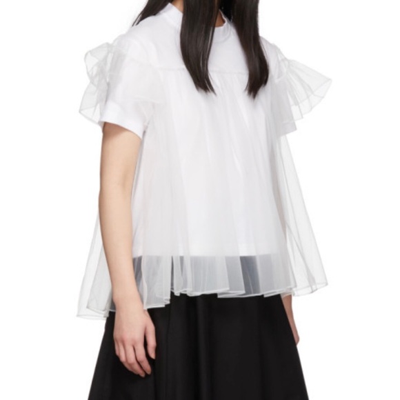 ShuShu/Tong white short sleeve T-shirt with tulle overlay. - Picture 4 of 9